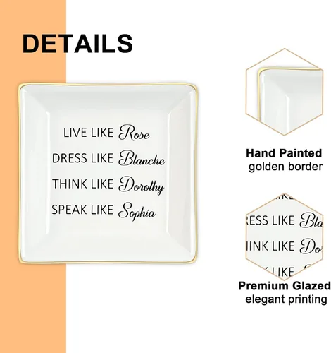 Vista 3 de Plato para anillos de regalo para niñas doradas, regalos de amistad, regalos divertidos de cumpleaños para mujeres, Live Like Rose Dress Like