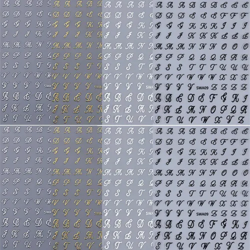 Vista 6 de Calcomanías de uñas con letras, 8 hojas de calcomanías de uñas con letras en inglés antiguo, 3D, autoadhesivas, doradas, plateadas, negras, blancas