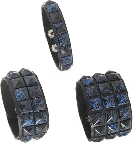 Vista 3 de Juego de 3 pulseras de cuero con remache cuadrado azul oscuro, estilo punk, unisex