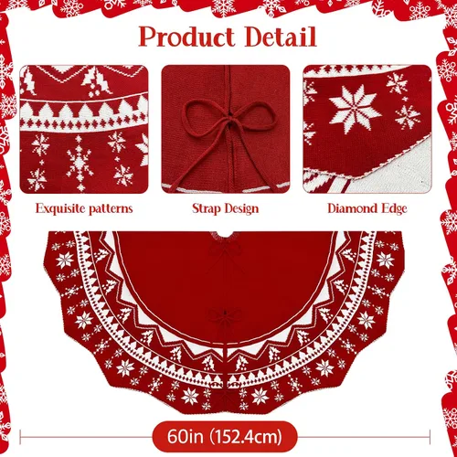 Vista 5 de OurWarm Falda de árbol de Navidad de 60 pulgadas, falda de árbol de punto rojo con patrón de flor de pascua, falda rústica de doble cara para árbol