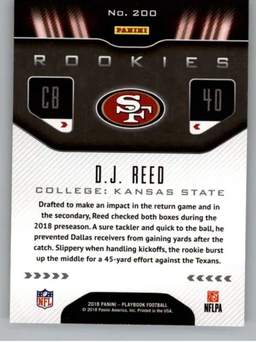 Vista 2 de 2018 Playbook Football #200 D.J. Reed RC Rookie Card San Francisco 49ers Rookie Official NFL Card Produced by Panini