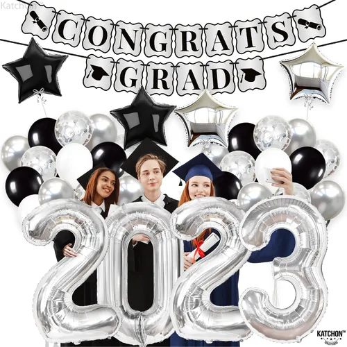 Vista 2 de KatchOn, Decoraciones de fiesta de graduación plateadas 2023 – Gaint de 40 pulgadas, paquete de 43 Cartel de graduación de felicitaciones