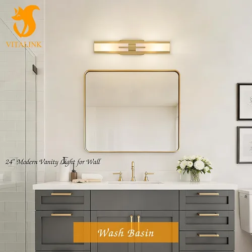 Vista 6 de VitaLink Lámpara de tocador dorada, 24 pulgadas, moderna lámpara de pared de baño sobre espejo de tocador, 2 luces cableadas de vidrio blanco