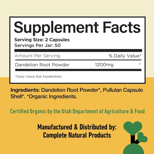 Vista 4 de Complete Natural Products Cápsulas de raíz de diente de león puras y orgánicas - Cápsulas de 600 mg 100 píldoras Raíz de diente de león seca