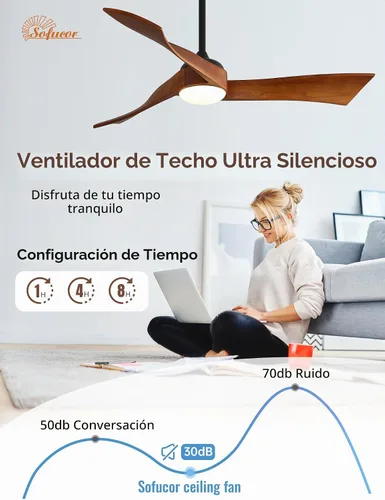 Vista 6 de Sofucor Ventiladores de techo inteligentes de 52 pulgadas con luz moderna de madera maciza para exteriores, ventilador de techo de 3 aspas con luz