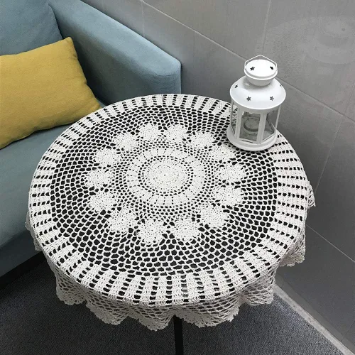 Vista 3 de Hetao Mantel redondo de ganchillo 100% algodón hecho a mano tapetes de encaje cubiertas de mesa, beige, 27 pulgadas