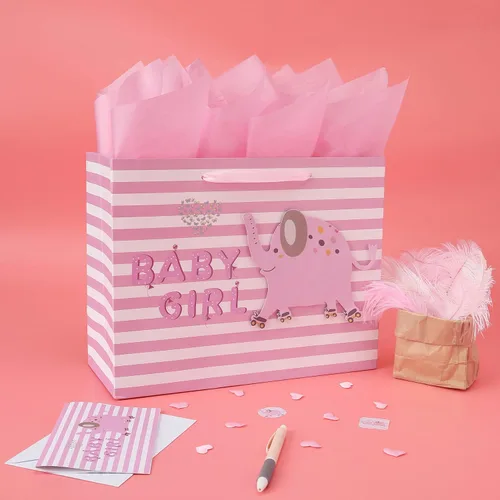 Vista 5 de wishinside Juego de bolsa de regalo rosa grande de 13 pulgadas con tarjeta de felicitación y papel de seda (elefante 3D) para bebé, baby shower