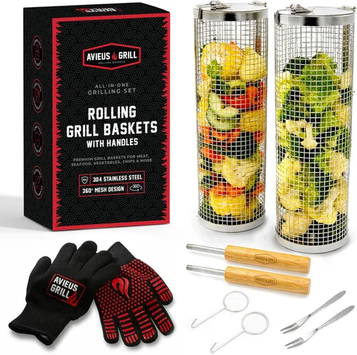 Vista 7 de Canastas de parrilla US GRILL para parrilla al aire libre 2 cestas de parrilla con mango desmontable Juego de parrilla de barbacoa con guantes