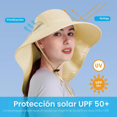 Vista 3 de Sombrero de mujer con protección UV, plegable, impermeable, de ala ancha, tipo cubo, con solapa para el cuello para verano, playa, pesca, senderismo