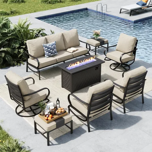 Vista 14 de MFSTUDIO Juego de 4 piezas de conversación para patio, marco de metal para todo tipo de clima, muebles de exterior con 1 mesa rectangular de propano