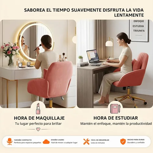 Vista 5 de Silla de escritorio para oficina en casa, cómoda con ruedas giratorias ajustables, moderna silla de tocador de maquillaje de terciopelo con respaldo