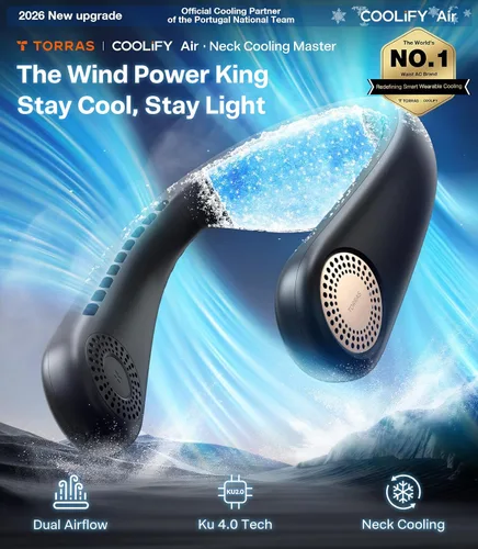 Vista 2 de TORRAS COOLiFY Air 2026 Ventilador de cuello mejorado de aire acondicionado, doble flujo de aire profesional, ventilador portátil ultraligero Negro
