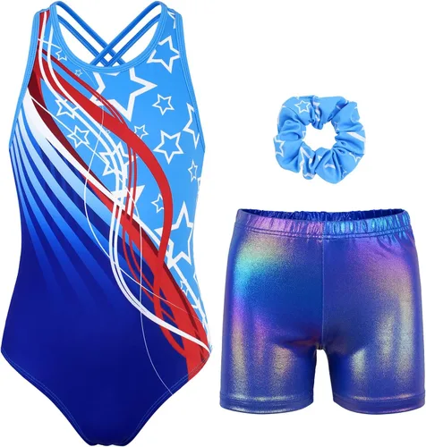 Vista 68 de MODAFANS Leotardos de gimnasia para niñas brillantes para bailar ballet, pantalones cortos con espalda cruzada