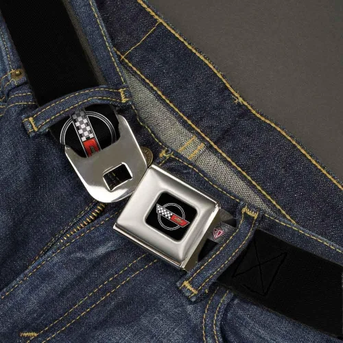 Vista 2 de GM General Motors - Cinturón con hebilla para cinturón de seguridad, Corvette C4 Checker Bowtie Logo Negro, 44 a 63 pulgadas