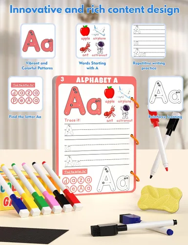 Vista 5 de Actividades de aprendizaje preescolar, 62 páginas reutilizables, libros de trabajo de prekindergarten, libros de seguimiento de letras de números