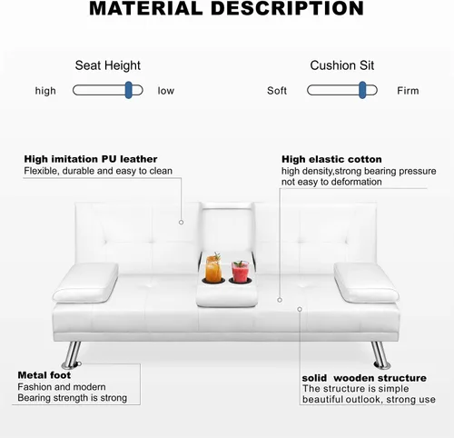 Vista 3 de Walsunny Sofá moderno de piel sintética, sofá reclinable plegable, brazos dobles, sala de estar dormitorio sofá silla (blanco)