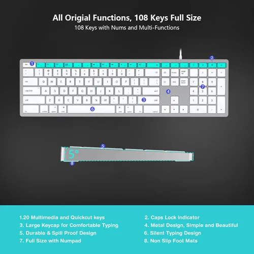 Vista 3 de Teclado con cable para Mac, teclado compatible con Apple, tamaño completo, 20 teclas de acceso directo multimedia, USB A/USB C, para Apple Mac