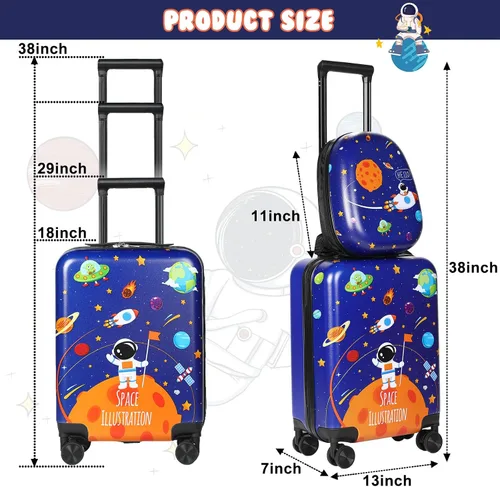 Vista 3 de Weewooday Maleta y mochila para niños de 18 pulgadas con rueda giratoria, estuche rígido de viaje de 13 pulgadas, mochila para niña, juego