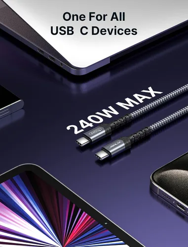Vista 2 de JSAUX Cable USB C de 240 W de 6.6 pies, cable USB C tipo C de carga rápida para MacBook, iPad, Dell XPS, iPhone 17/iPhone Air/iPhone 17 Pro Max, Gris