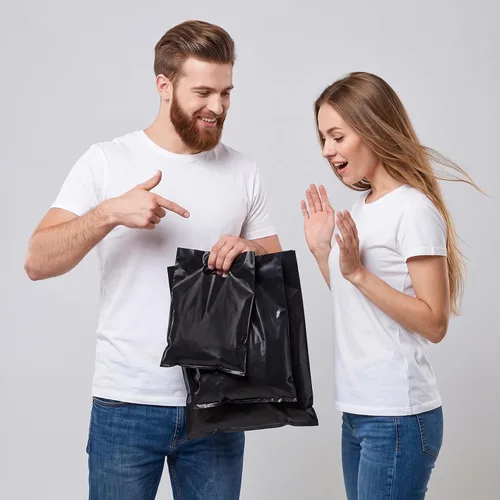 Vista 8 de Saintrygo 120 bolsas de compras negras de 2.36 mil con asas de 6 x 8/8 x 12/10 x 14 pulgadas, bolsas de plástico reutilizables para regalo, bolsas