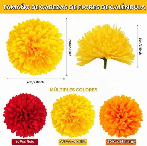 Vista 4 de 40 cabezas de flores de caléndula de 2.75 pulgadas a granel, flores artificiales de caléndula de seda para Diwali, decoración del hogar, guirnalda