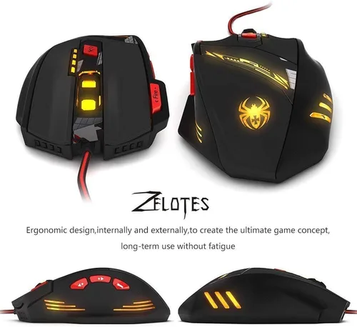 Vista 7 de Zelotes T90 Professional 9200 DPI - Ratón para juegos con cable USB de alta precisión, 8 botones, con 7 tipos de modos de luz LED de respiración
