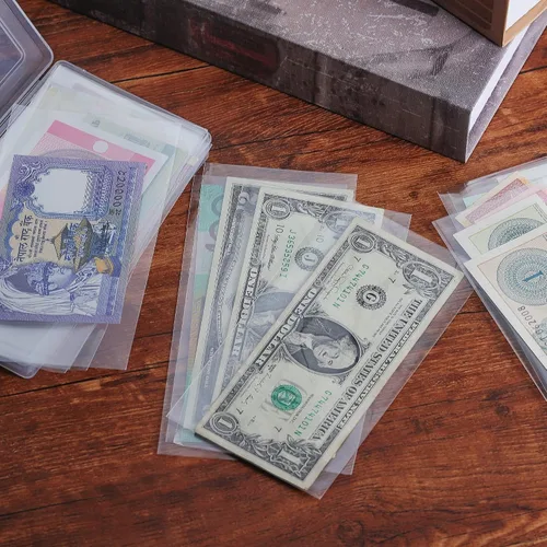 Vista 6 de Uncle Paul 100 piezas de billetes de dólar con caja de almacenamiento, fundas de papel transparente para moneda y fundas de colección de dinero