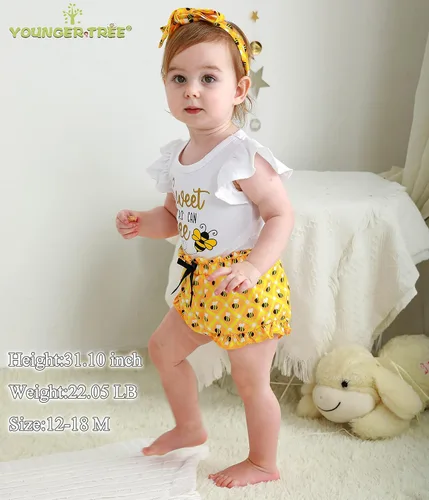 Vista 3 de YOUNGER TREE Traje de bebé niña de primer cumpleaños con estampado de abejorro de abejorro, mameluco corto con diadema de verano con mangas