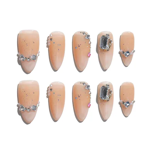 Vista 15 de Sun&Beam Nails Dije hecho a mano de almendra media larga con diseño de diamante de color nude, lindas puntas de uñas postizas, 10 unidades (#99 S)