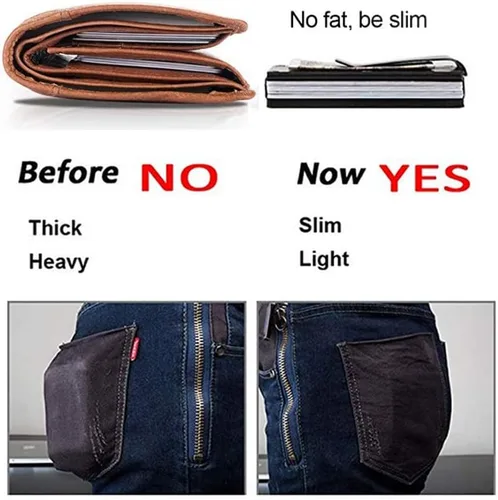 Vista 5 de Cartera de fibra de carbono soporte para tarjeta de crédito con bloqueo RFID clip de dinero minimalista delgado para hombres y mujeres negro