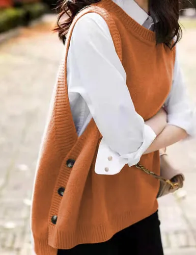 Vista 2 de HangNiFang Suéter de punto acanalado sin mangas con cuello redondo para mujer