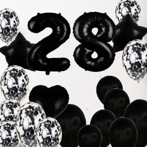 Vista 5 de Decoraciones de cumpleaños número 28, suministros de fiesta, globos negros del número 28, globos de aluminio de Mylar de 28 ° decoración de globos