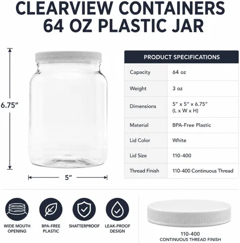 Vista 2 de Tarro de plástico de 64 oz (1/2 galón), tapa blanca, paquete de 1