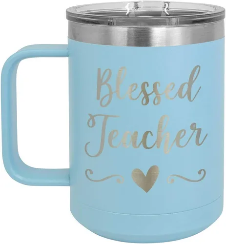 Vista 7 de BLESSED TEACHER Negro 15 oz Taza de café w/tapa deslizante Taza de café de viaje aislada Ideas de regalos de cumpleaños o Navidad de mujeres u