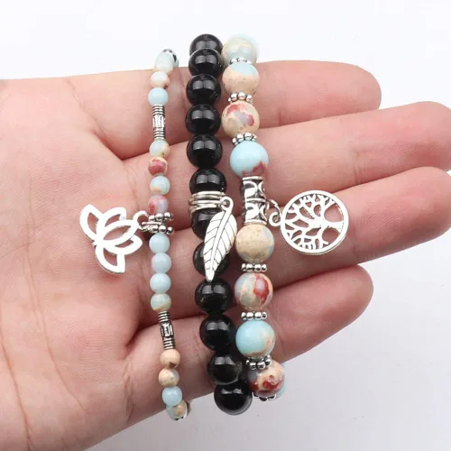Vista 4 de UEUC - Pulseras Reiki, apilables, de piedras curativas, cristales, con dije del árbol de la vida, yoga y hoja de loto, contra la ansiedad