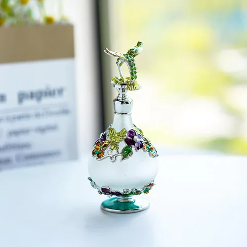 Vista 6 de YU FENG Botella de perfume de vidrio con flor de colibrí, botella de perfume de cristal decorativa con esmalte joya, contenedor de perfume