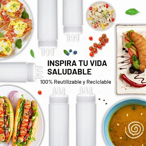 Vista 5 de Botella exprimible de 3 agujeros para salsas, botellas de condimento de plástico exprimibles para dispensadores de salsa de tomate para salsa