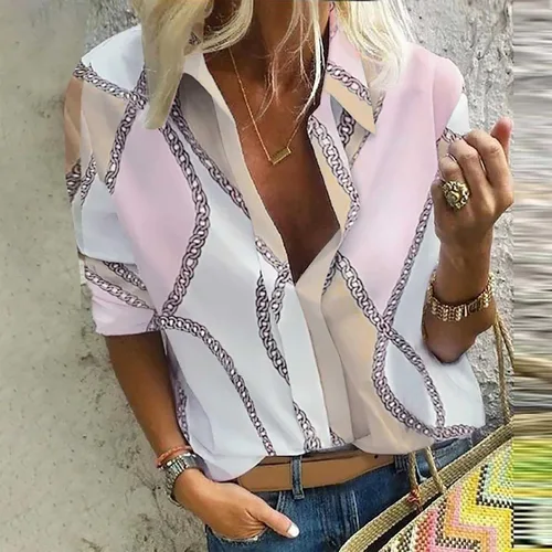 Vista 2 de Blusas para mujer, a la moda de otoño 2022, manga larga, con solapa, estampado de cadena, camisa elegante y cómoda