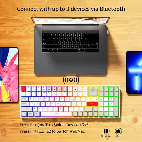 Vista 6 de Newmen GM1000 96% teclado mecánico para juegos Bluetooth inalámbrico2.4Gteclado USB C con cable, teclado mecánico compacto retroiluminado RGB