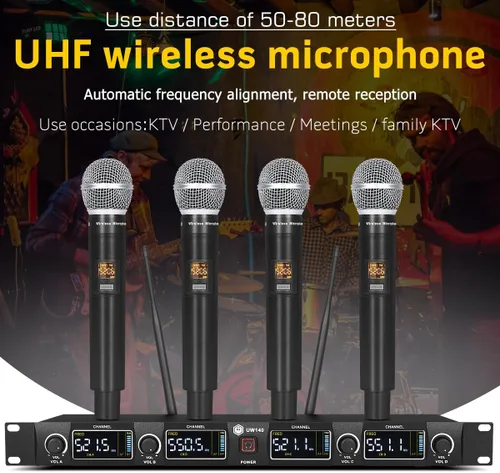 Vista 2 de W IN-MIX Sistema de micrófono inalámbrico UW140, juego de micrófono inalámbrico UHF de 4 canales con cuatro micrófonos de mano, frecuencia