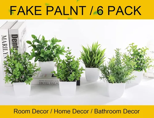 Vista 6 de Der Rose Paquete de 6 plantas artificiales pequeñas en macetas para el hogar, dormitorio, sala de estar, decoración interior (verde) Green
