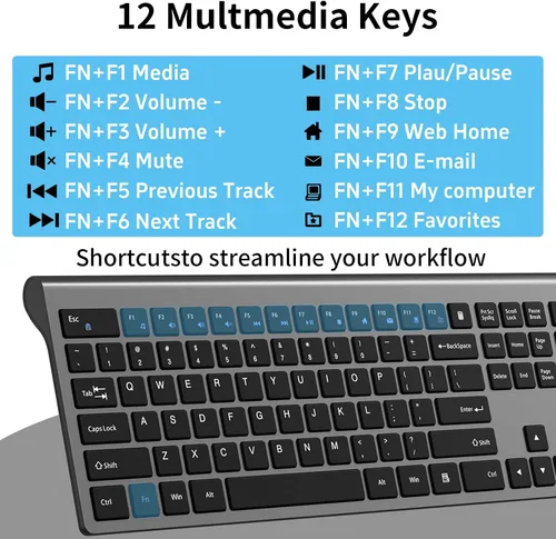 Vista 7 de Teclado inalámbrico delgado de tamaño completo 2.4G con teclado numérico, botón de calculadora, receptor USB, bloqueo Fn, diseño de interruptor