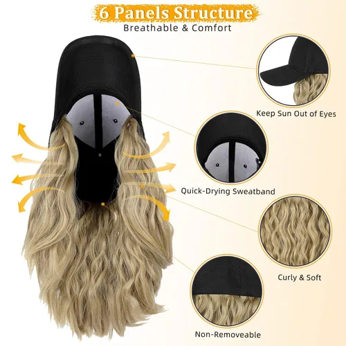 Vista 5 de Gorra de béisbol con extensiones de cabello, peluca ajustable, gorra rizada de 14 pulgadas, peluca sintética para mujer, rubio ceniza