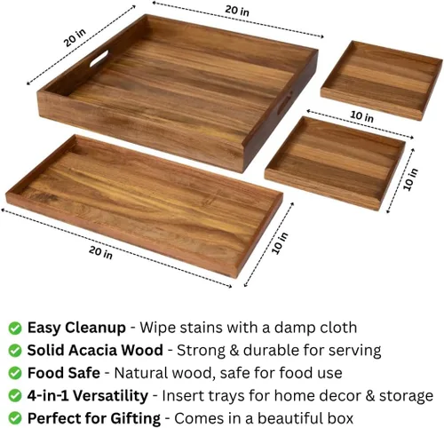 Vista 4 de Bandeja otomana grande de 20 pulgadas cuadrada. Bandeja de servir premium de madera de acacia para sala de estar, otomano, cocina o como bandeja