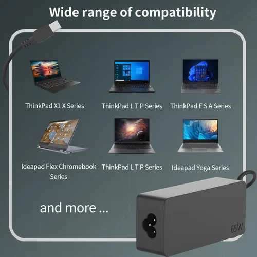 Vista 6 de 65W USB C Type c AC Charger Compatible with Lenovo ThinkPad E580 E585 E590 E590S E595 T480 T490 T580 Yoga C940 C740 thinkbook ADLX65YCC3A Laptop