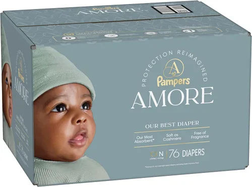 Vista 14 de Pampers Amore, tamaño 0 (hasta 10 libras), 76 unidades, nuestro mejor pañal, hipoalergénico y sin fragancia, hasta 100% a prueba de fugas, suave