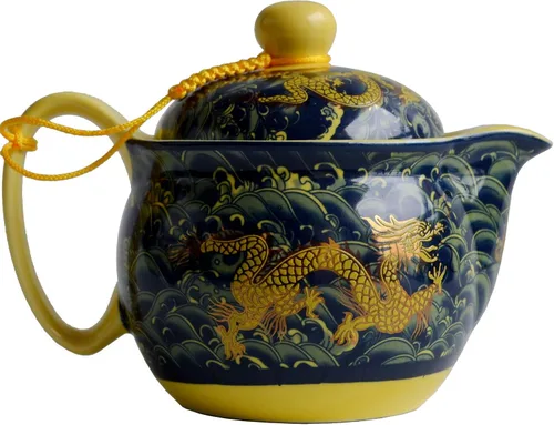 Vista 6 de Porcelain Teapot 12oz Chinese Dargon Waves Pattern Stainless Mash Infuser for Loose Tea (Blue)