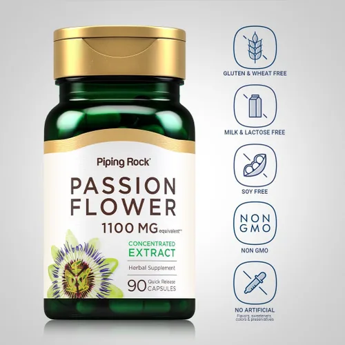 Vista 3 de Passion Flower 1100 mg 90 cápsulas de liberación rápida Sin OMG, sin gluten Por Piping Rock Sin OMG, sin gluten