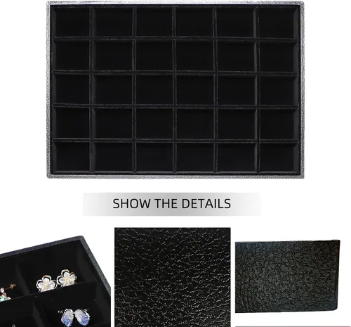 Vista 4 de Wudygirl Velevt - Bandeja apilable de 30 rejillas para joyas, anillos, pulseras, aretes, collares, bandeja de joyería, organizador de exhibición
