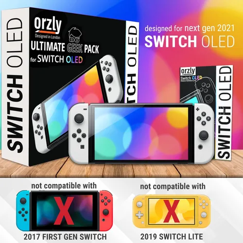 Vista 2 de Orzly Paquete de accesorios compatible con consola OLED Nintendo Switch (no compatible con edición 2017), paquete Ultimate Geek con funda